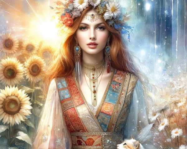 Serene Woman in Colorful Dress Among Sunflowers