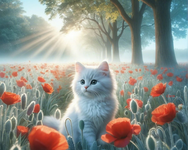 Fluffy White Cat in a Serene Poppy Field