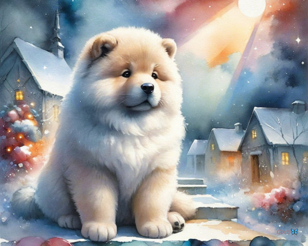 Chow Chow Puppy in Serene Winter Landscape