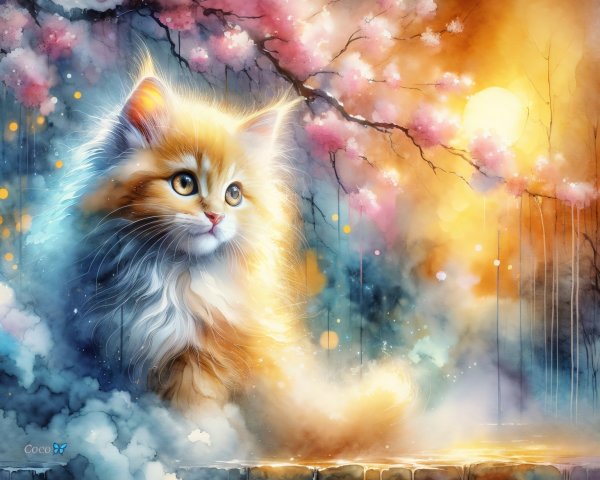Fluffy Orange Cat in Dreamy Cherry Blossom Landscape