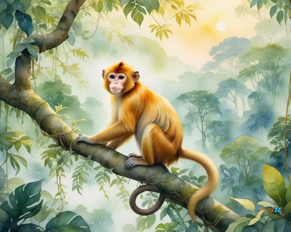 Monkey on Branch in Lush Misty Jungle Scene