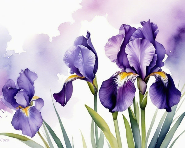 Watercolor Painting of Irises in Purple Shades