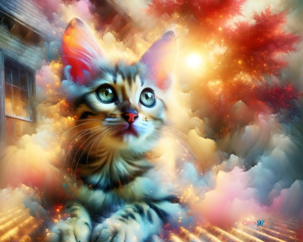 Kitten Surrounded by Colorful Autumn Clouds and Leaves