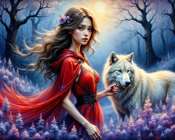 Young Woman with Wolf in a Magical Moonlit Forest