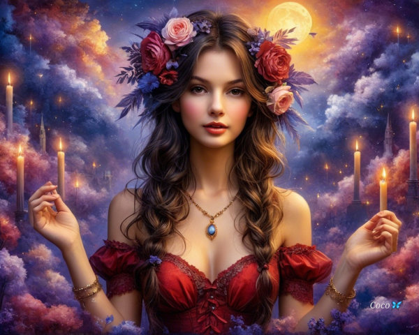 Woman in Red Dress with Rose Crown and Moonlit Background