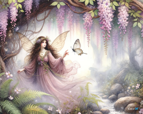 Fairy Dancing Among Wisteria in a Magical Forest