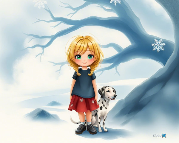 Young girl in snowy landscape with Dalmatian dog