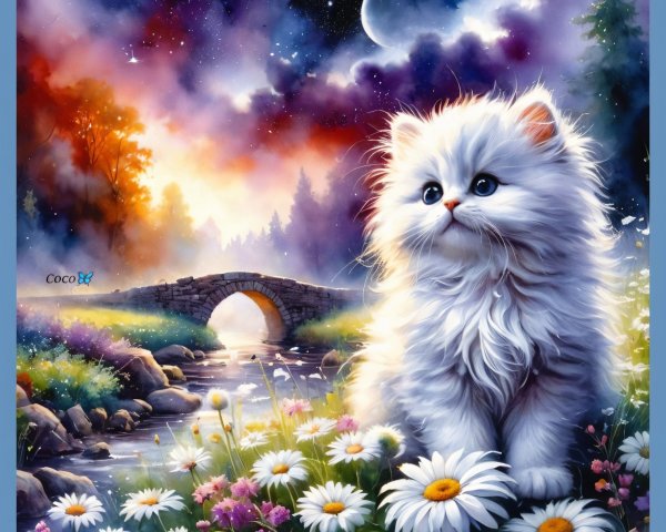 Fluffy White Cat in Colorful Flower Landscape