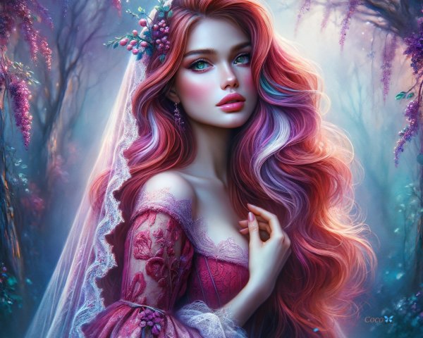 Young woman in floral gown in a magical forest