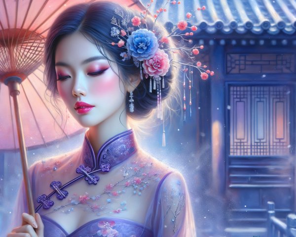 Young Woman in Traditional Asian Attire with Parasol