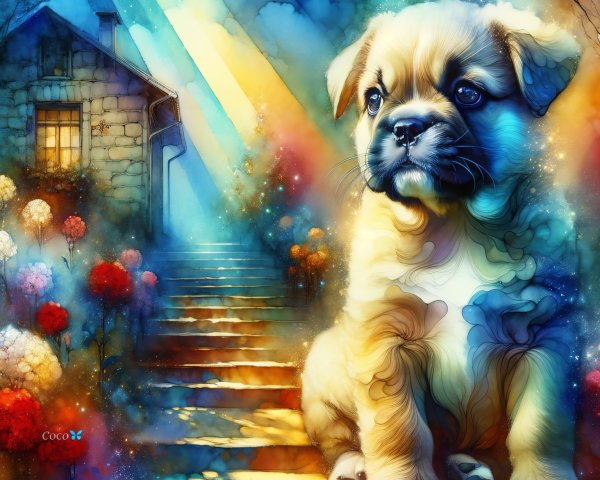 Whimsical Puppy Scene with Colorful Background Elements