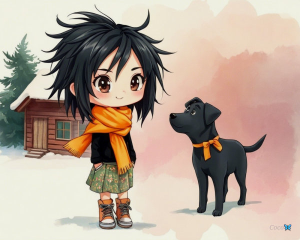 Chibi Character in Snowy Landscape with Dog