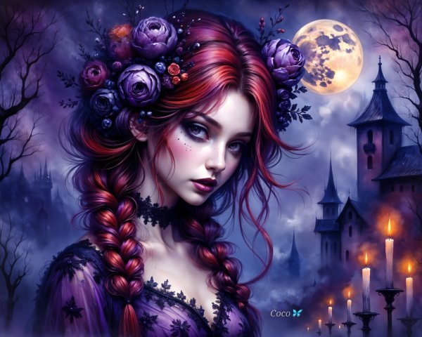 Mystical Woman with Red Hair and Gothic Backdrop