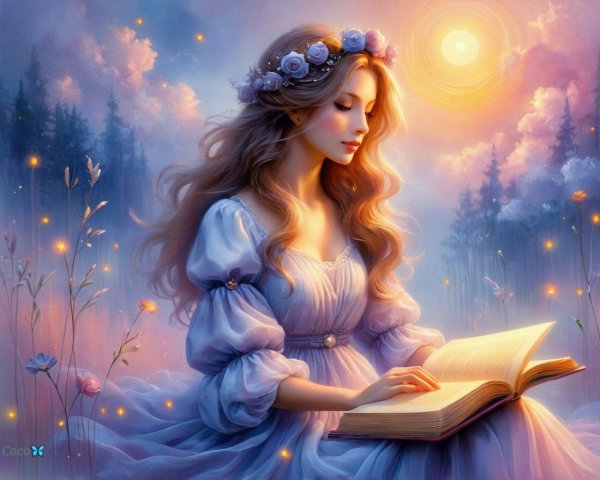 Young Woman in Lavender Gown Reading in Nature