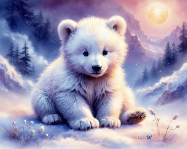 Fluffy Polar Bear Cub in Serene Winter Landscape