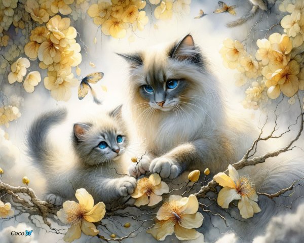 Fluffy Cats Among Golden Flowers and Butterflies
