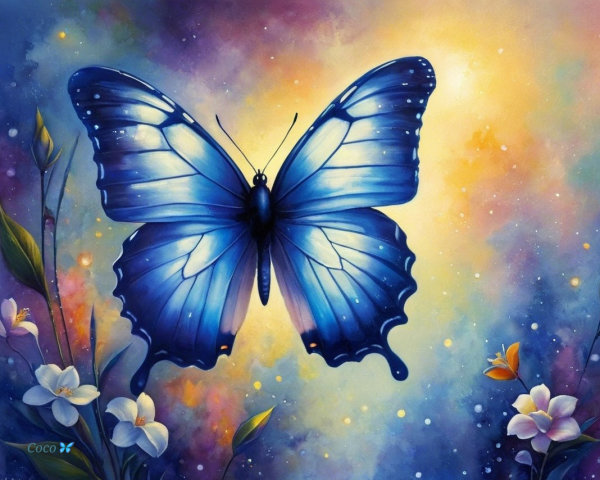 Blue Butterfly with Colorful Background and Flowers