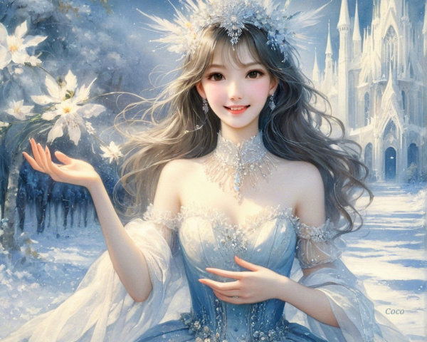 Winter Landscape with Woman in Icy-Blue Gown