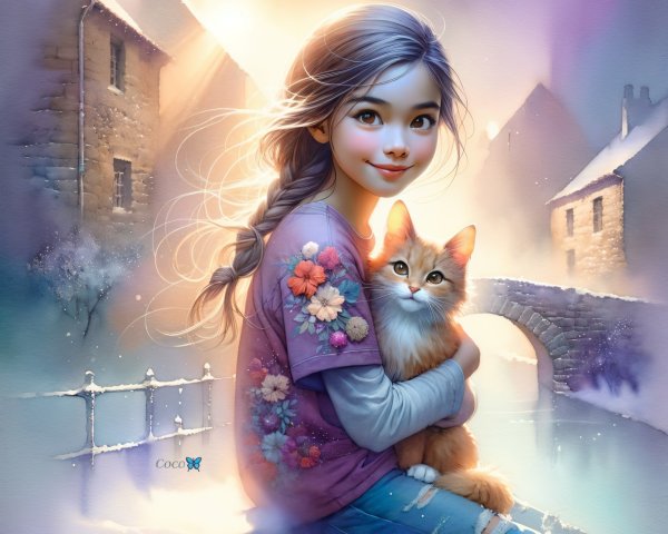 Young girl with cat in a picturesque village setting
