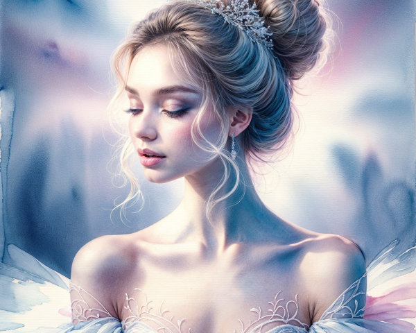 Young woman in ethereal gown with floral patterns
