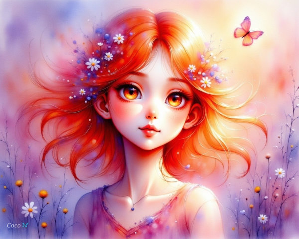 Young girl with orange hair and floral dress in pastel setting