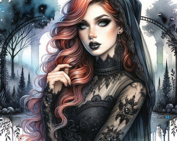 Mystical Woman in Intricate Lace Gown Under Moonlight