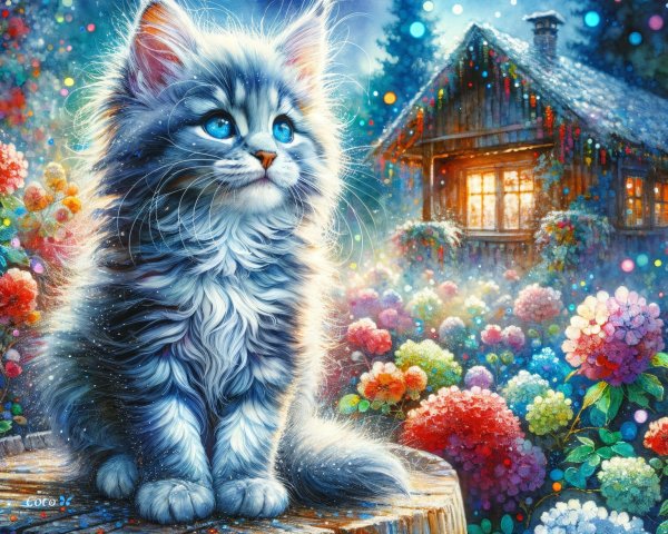 Fluffy Blue-Eyed Kitten on Wooden Barrel with Lights