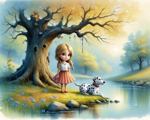 Whimsical Scene of Girl and Dog by Serene River