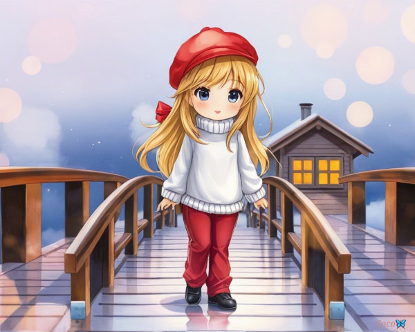 Anime girl on a wooden bridge in a serene landscape