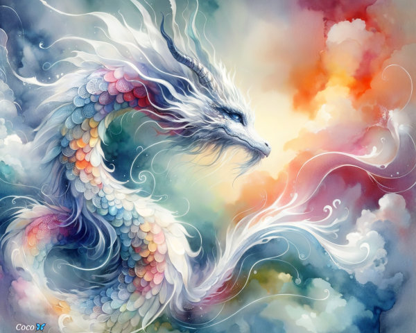 Majestic dragon in a dreamy, colorful sky scene