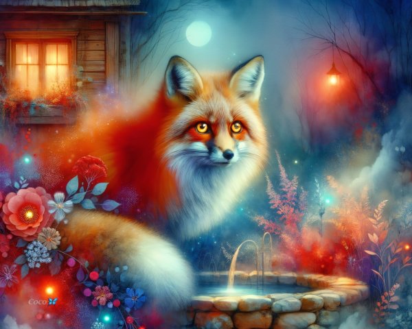 Luminous fox in enchanting landscape with wooden house