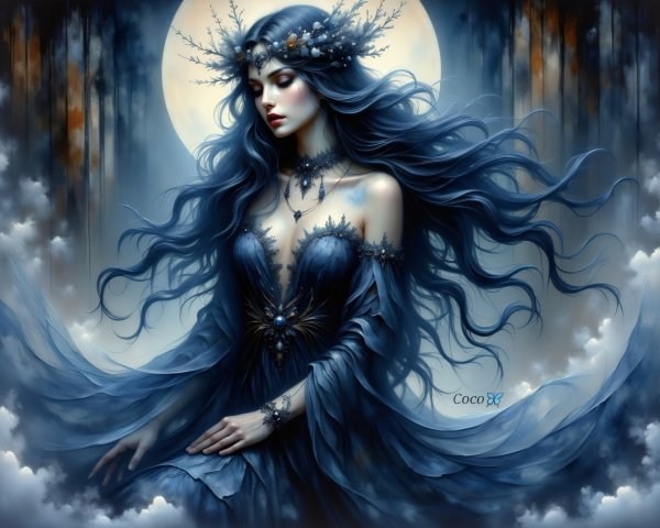 Mystical Figure in Blue Garments Under Full Moon