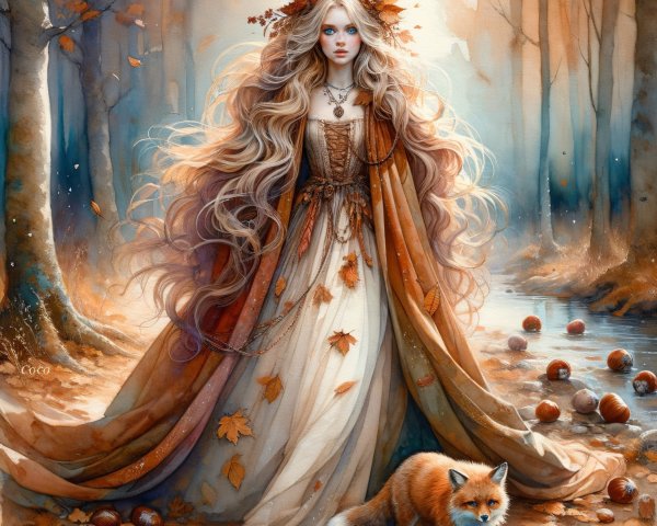 Fairy-tale princess in autumn forest with fox