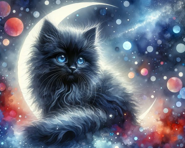 Mystical Black Cat with Blue Eyes in Cosmic Scene
