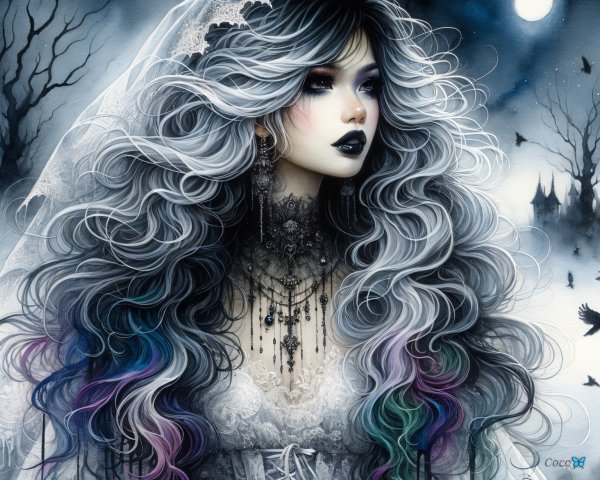 Mystical Woman in Lace Gown Against Moonlit Landscape