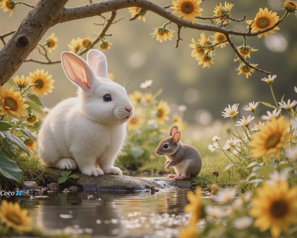 Serene Meadow Scene with Rabbit and Mouse