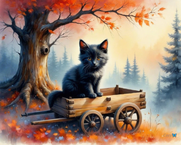 Fluffy Black Kitten in Rustic Cart Amid Autumn Foliage