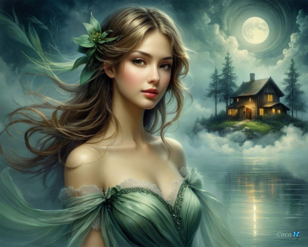 Ethereal Woman in Green Dress by Moonlit Cottage