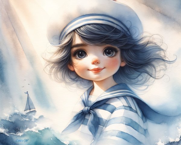 Charming Illustration of a Young Girl in Sailor Outfit