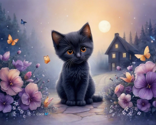 Charming Black Kitten Amidst Flowers and Moonlight