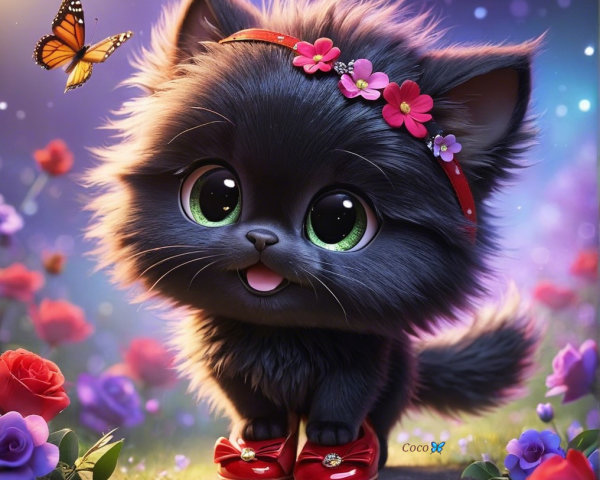 Whimsical Black Kitten in a Vibrant Garden Setting