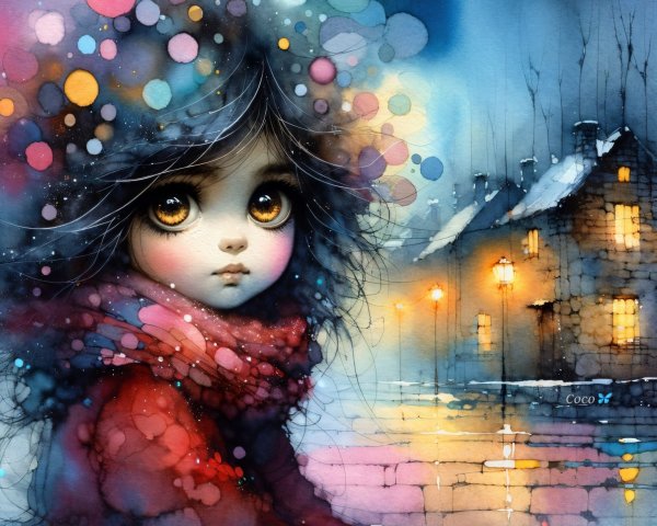 Watercolor Illustration of a Girl in a Snowy Scene