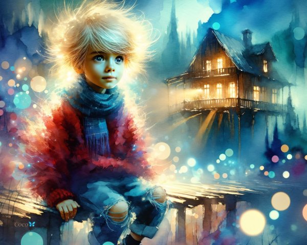 Dreamy Scene of Child by Cabin in Enchanted Forest