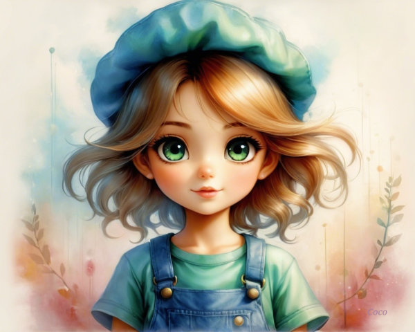 Charming Girl with Green Eyes and Pastel Background