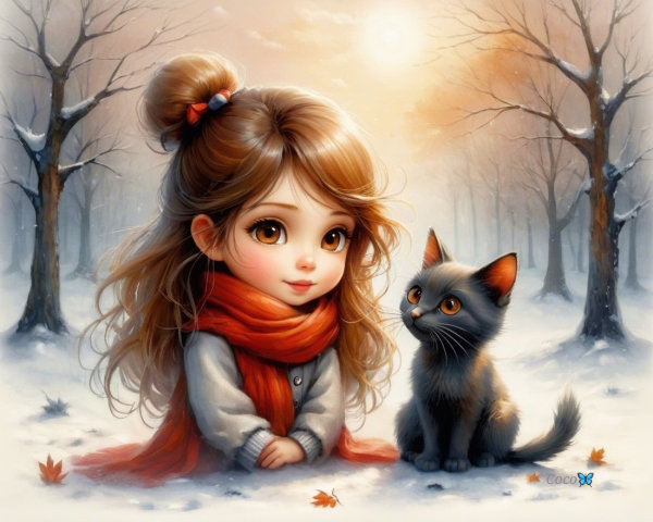Young girl with cat in snowy landscape at sunset