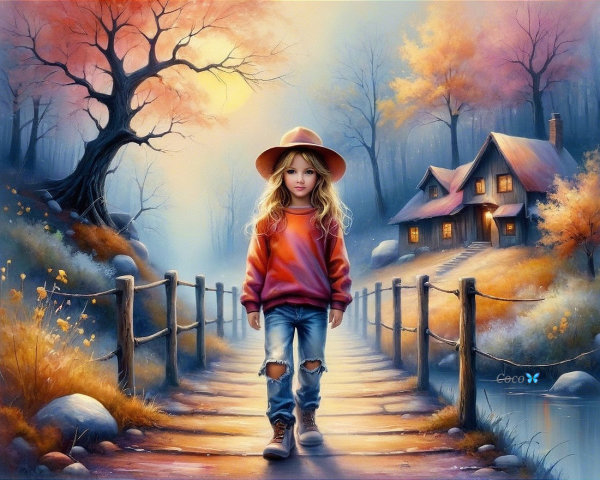 Autumn Landscape with a Girl on a Wooden Path