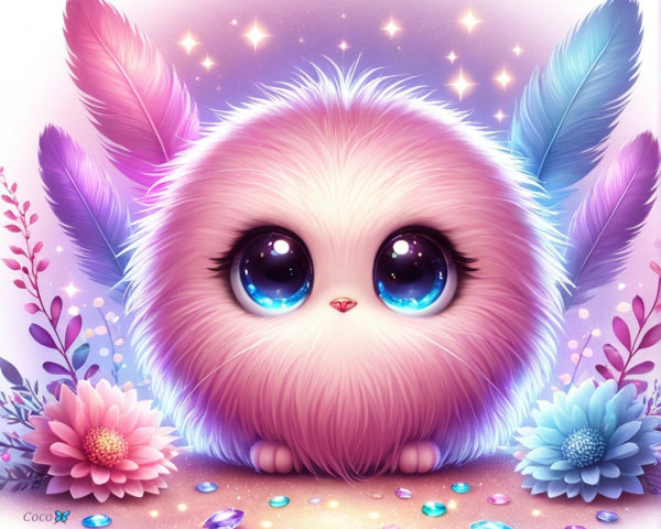 Fluffy Creature Surrounded by Flowers and Gems