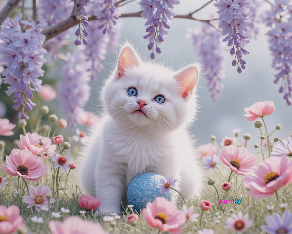 Fluffy White Kitten Among Colorful Flowers and Egg