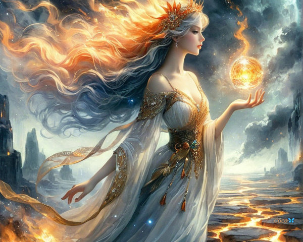 Mystical Figure in White Gown with Luminous Sphere