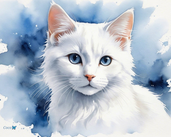 Watercolor Painting of White Cat with Blue Eyes